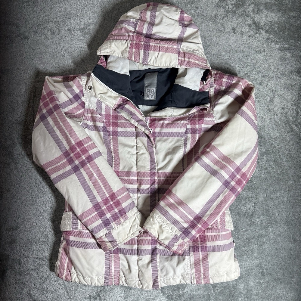 Roxy Women's Coat 5k Silver Size Medium Snowboarding White Pink Plaid